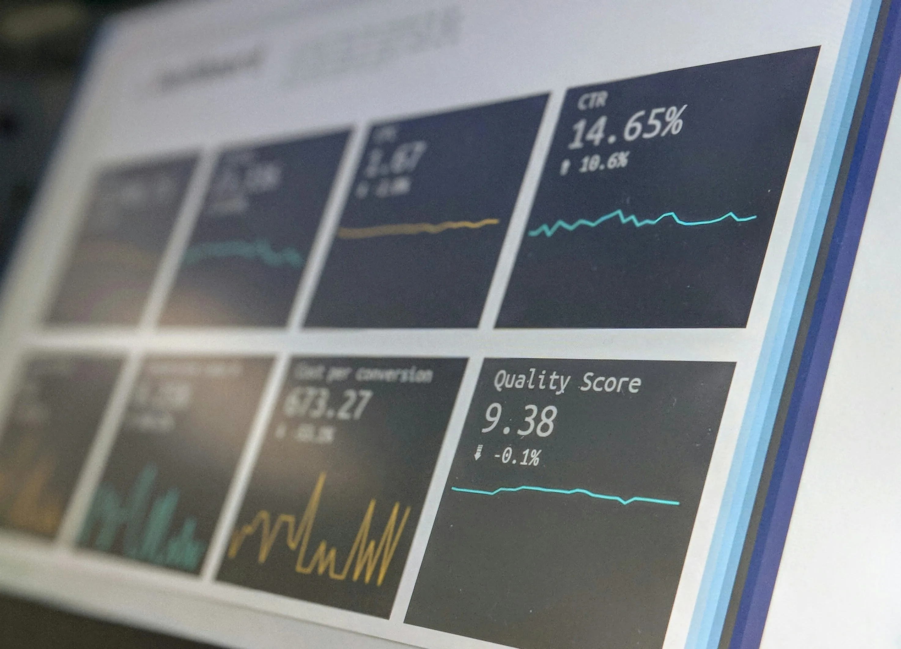 A data reporting dashboard on a laptop screen, showing clicks, impressions and trend lines.
